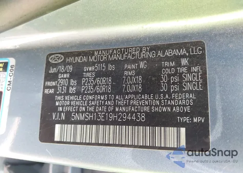 2009 Hyundai Santa Fe Limited from USA, damaged, VIN 5NMSH13E19H294438